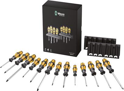 Wera BigPack 900 Screwdriver Set 5 skruetrækkere 3,5; 4,5; 5,5; 7; 9 mm 3 pozidriv PH 1; 2; 3 3 Pozidriv PZ 1; 2; 3 2 TORX® T 20; 25 2 holdere til vægmontering